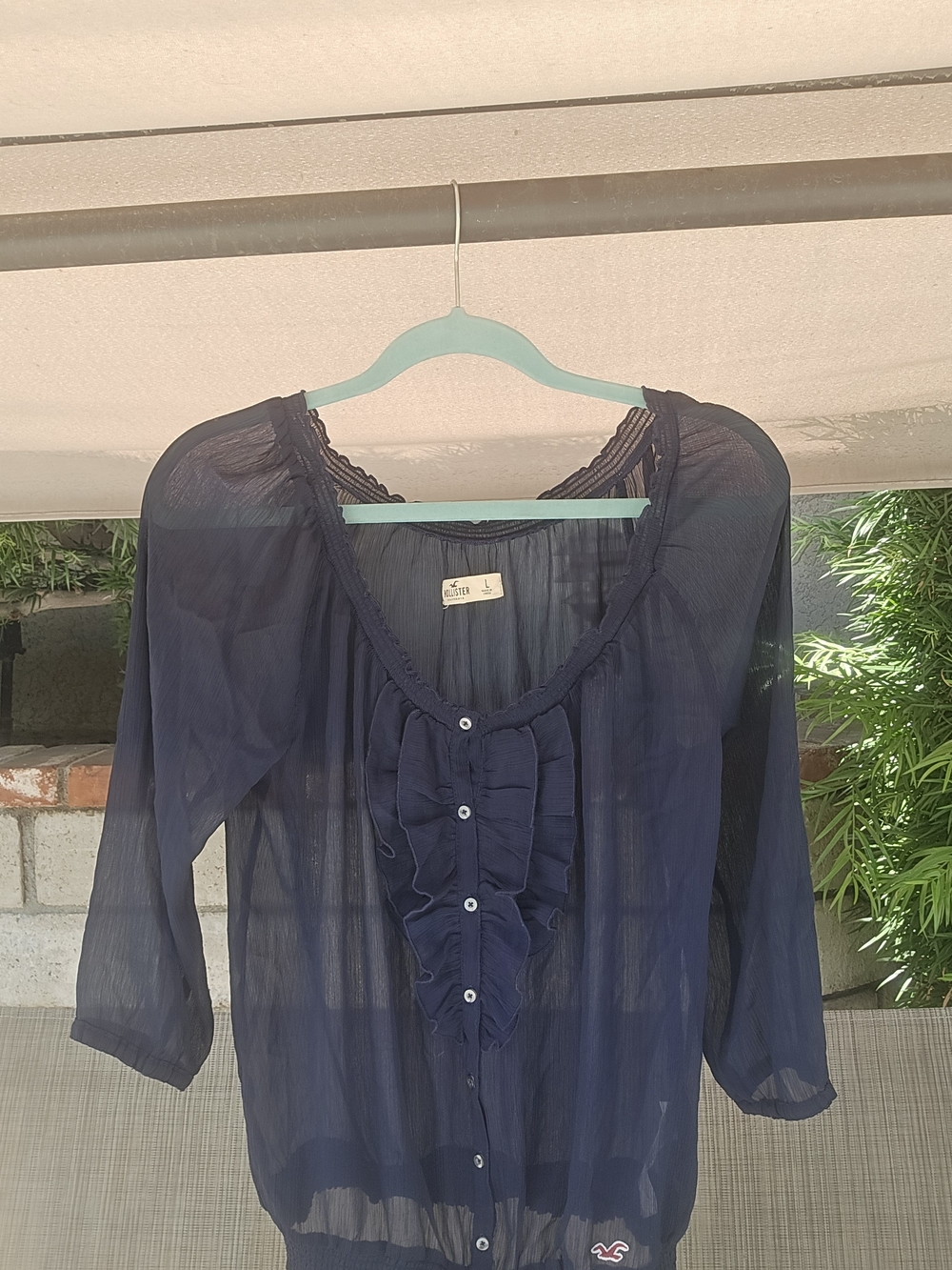 Hollister Y2K Ruffle Button-Up Blouse Women's L Navy Blue 3/4 Sleeve Boho Sheer